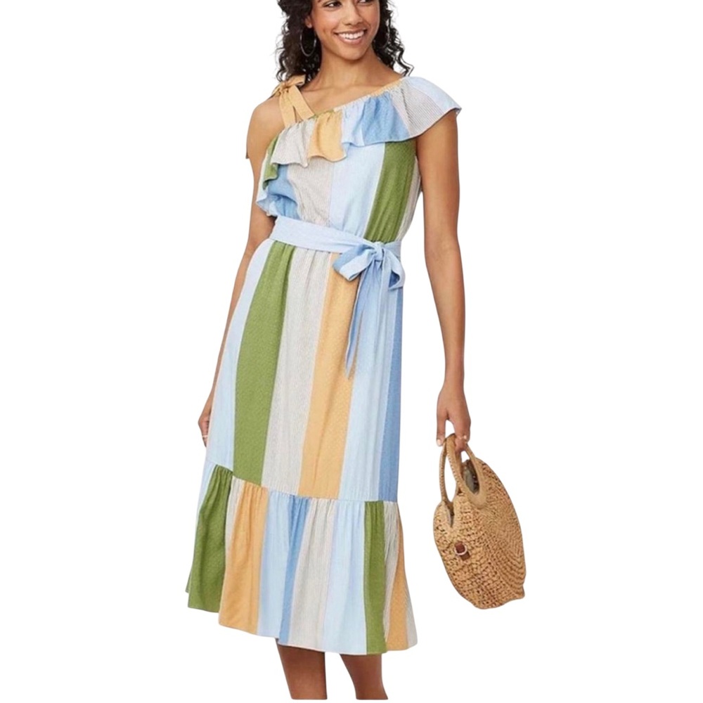 LC Lauren Conrad Striped One Shoulder Ruffle Hem Midi Dress Tie Waist Small